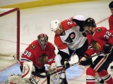 Nik Khabibulin in goal for the Chicago Blackhawks. Image courtesy of Wikipedia Commons.